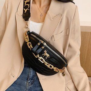 Contemporary Chain Decor Crocodile Embossed Fanny Pack